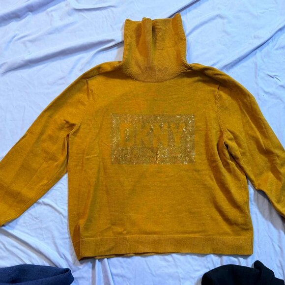 3 DKNY Turtleneck Logo Studded Sweaters - SIZE LARGE (Gold, Blue, and Black) - Picture 2 of 11